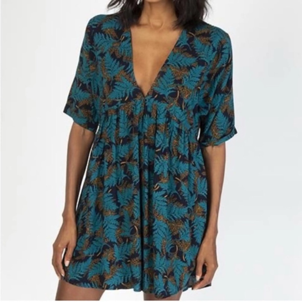 Natural‎ Life Women's Stella V-Neck Mini Leaf Print Rayon Mini Dress Green S/XS